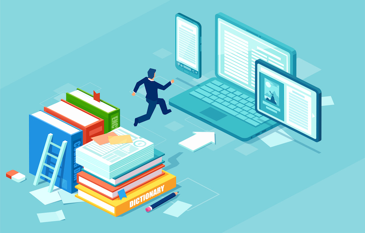 A person jumping from books into a computer