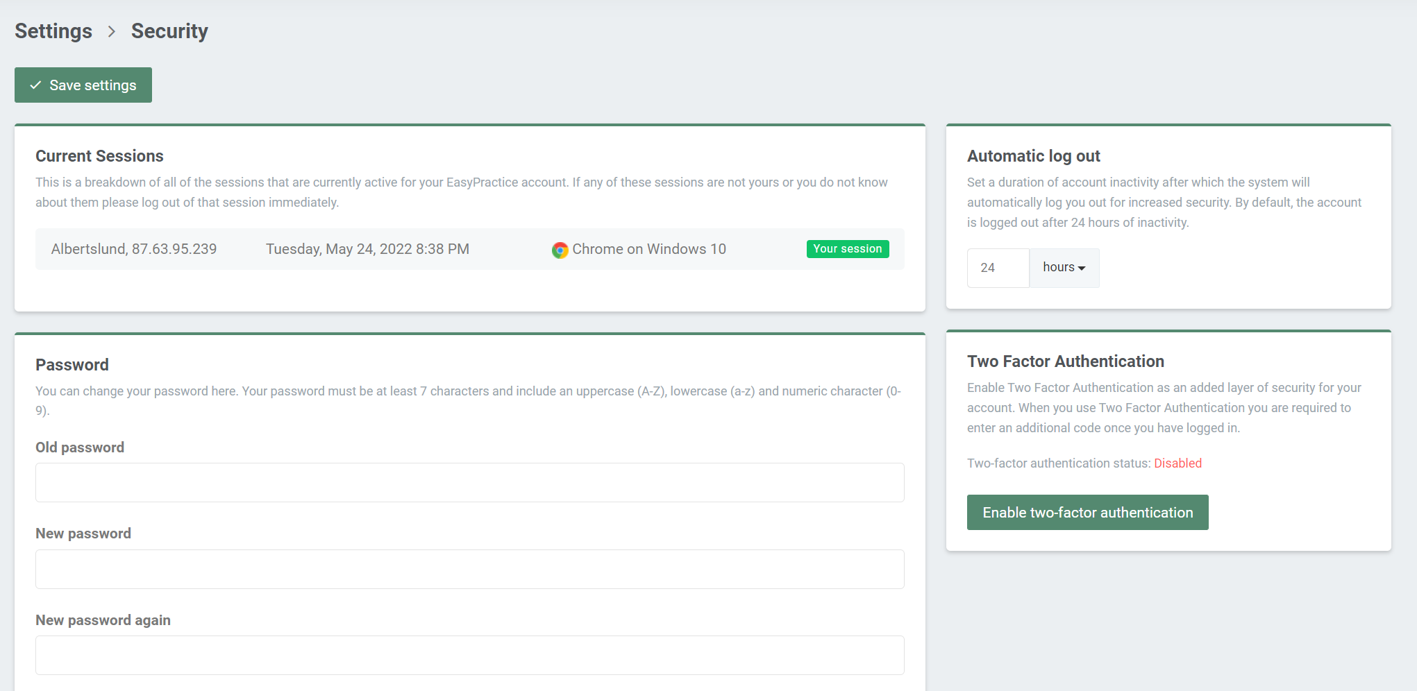 security page and its settings
